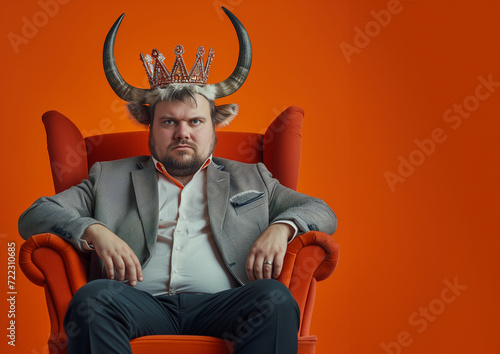 Man with crown and bull horns on head. Boss sitting in a chair. The king of business on the throne. Clean empty background photo