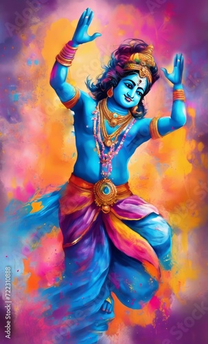 Krishna enjoying and dancing during the Holi festival, a Hindu celebration