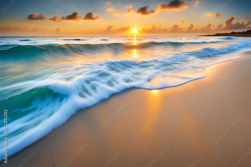 Fototapeta premium Beautiful sandy beach and soft blue ocean wave