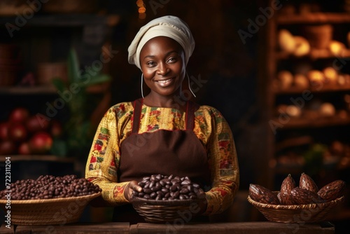 hands hold a plate with cocoa beans. chocolate. cocoa plantation harvests, farm. worker. farming photo