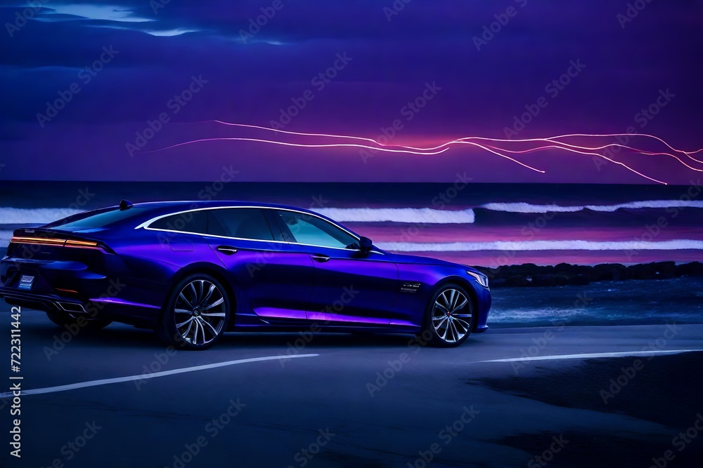 a coastal highway during the blue hour, a luxury car speeds by, leaving streaks of light in its wake