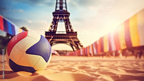 A multi-colored volleyball lies on sand against the backdrop of the Eiffel Tower during sunset, Summer Olympics 