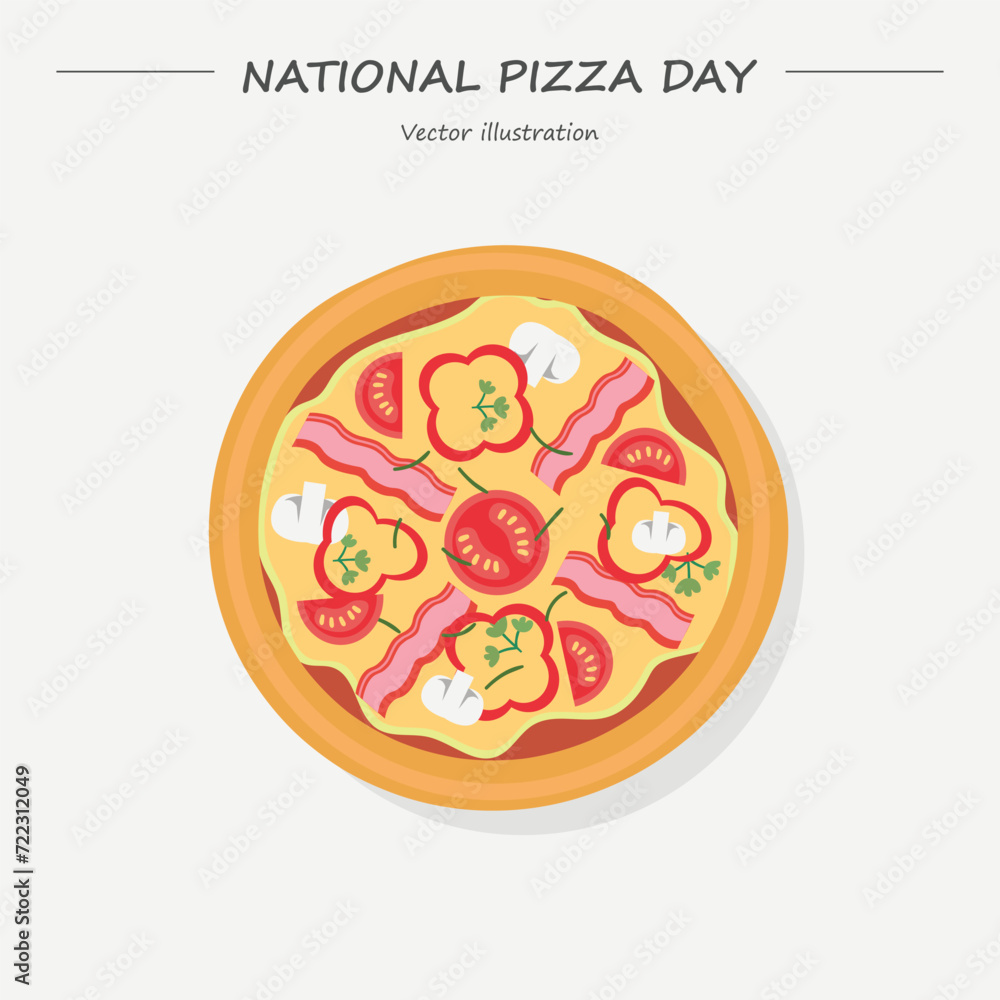 National Pizza Day vector. Whole meat pizza top view icon. Pizza Day clip art, February 9. National Pizza Day vector. Whole meat pizza top view icon. Pizza Day clip art, February 9.