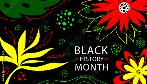 Black History Month banner with african flowers pattern. Design layout for modern template with creative botanical art. Hand drawn vector illustration. photo