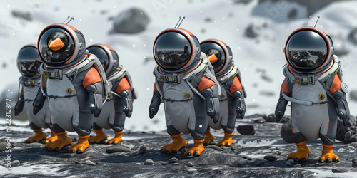 Robotic Penguins on a Lunar Mission: Picture a Squad of Robotic Penguins, Suited Up as Astronauts, Bravely Exploring an Icy Lunar Landscape. © Lila Patel