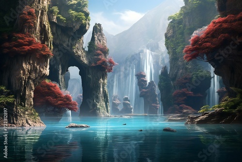 Fantasy landscape with waterfall and red forest