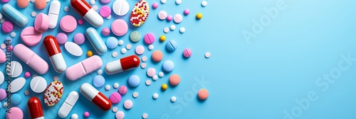 Assorted Medications and Pills on Blue Background photo