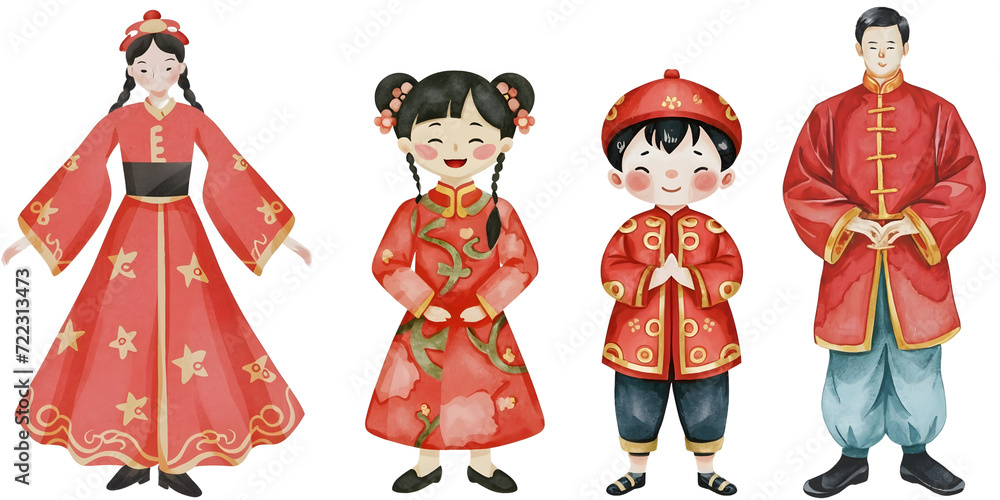 Chinese family in Traditional Costume transparent background for cut out