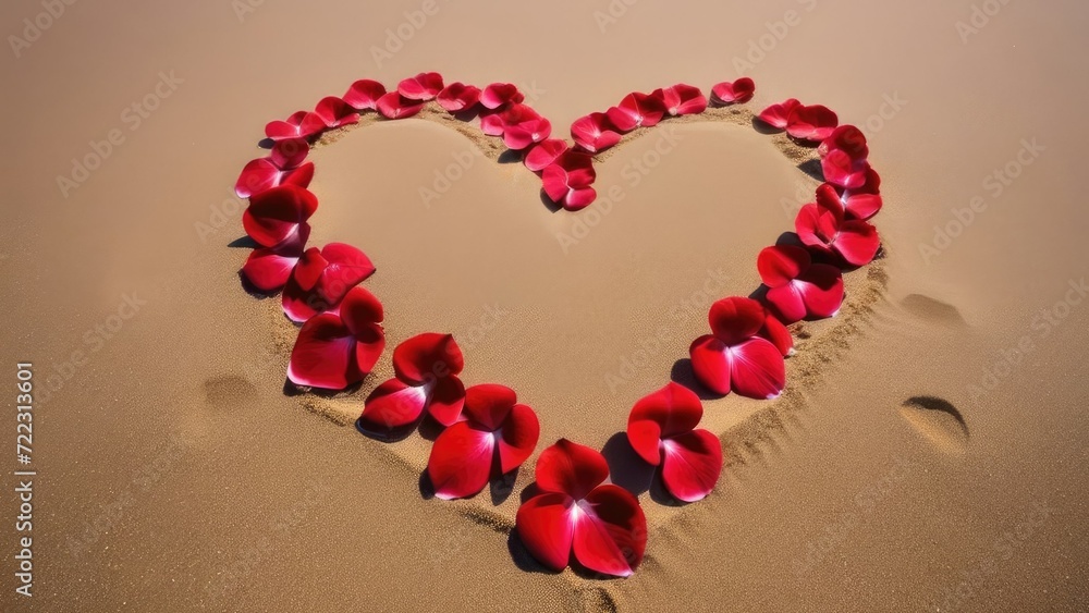 Red flower petals in the shape of a heart on the sand.Valentine's Day.Love story.