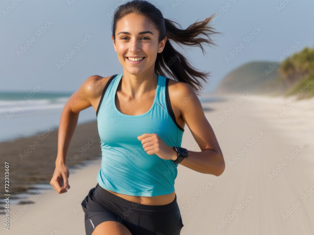Smiling young woman athlete runs along the beach in sportswear. Smiling young woman athlete runs along the beach in sportswear.