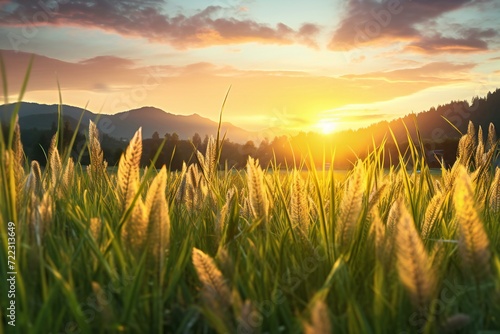 Grass flower in the meadow at sunset with mountain background
