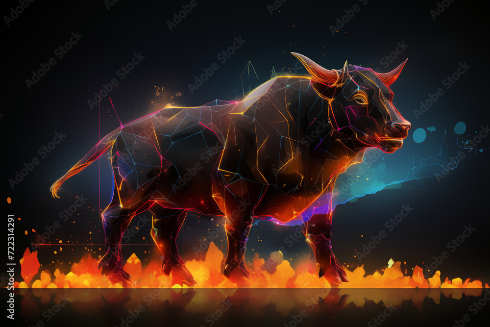 Fototapeta premium illustration of neon bull like symbol representing financial market trends, crypto currency market
