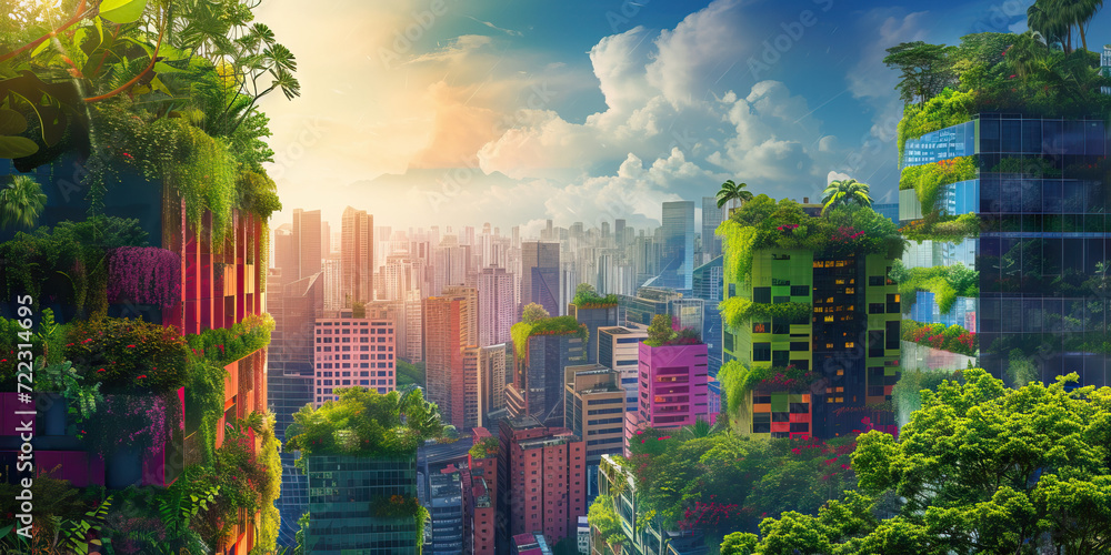 Cityscape with Skyscrapers Seamlessly Blending with Lush Greenery and Hanging Gardens: A Modern Urban Vision