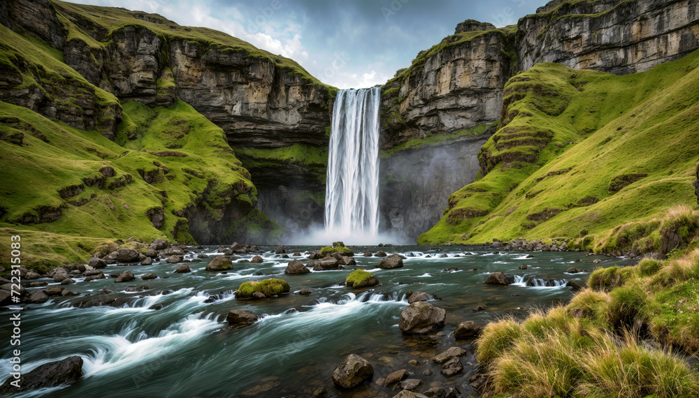 Obraz premium Beautiful Scenic view of waterfall in iceland. Travel and adventure concept