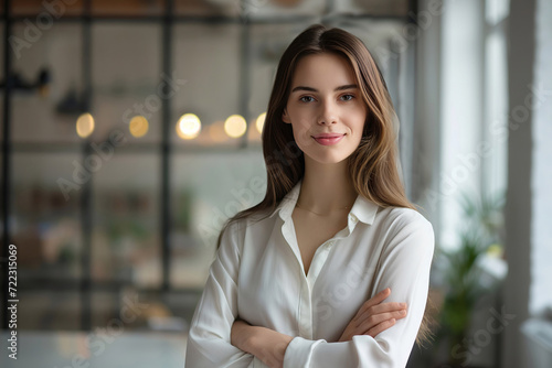 young woman in the office with her arms crossed, office background Free Download young woman in the office with her arms crossed, office background - GFXLoad