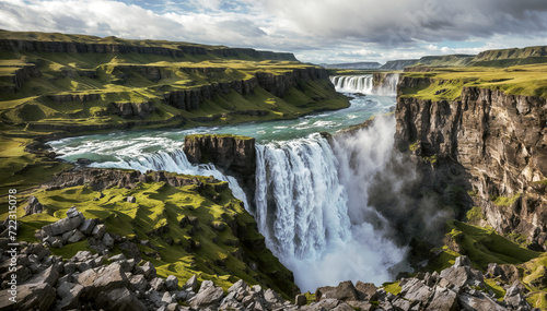 Aerial view of Stunning waterfall in iceland. Travel and adventure concept