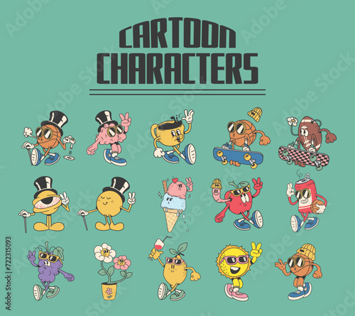 retro mascot cartoon characters, groovy cartoons, vector illustration