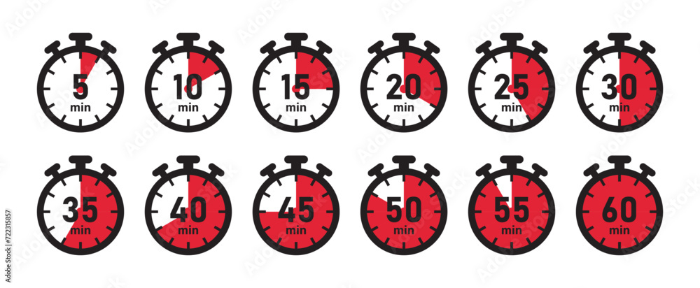 5-minute time counter concept set of clocks or stopwatches vector image in red color. Cooking time symbols and labels - Vector Icon - obrazy, fototapety, plakaty 
