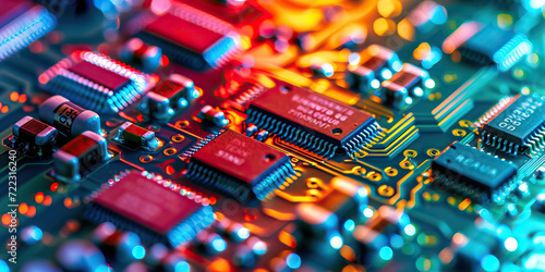 Modern Circuit Board Close-Up: An Abstract Close-Up of Circuit Board Components, Showcasing a Modern Design with Striking Colors and Vivid Detail, Illustrating the Beauty and Complexity of Technology