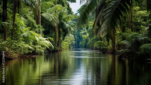 Serene amazon rainforest river landscape with lush flora and fauna - nature wallpaper design