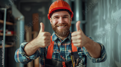 Plumber with Bag of Instruments Showing Thumbs Up in Bathroom - Professional Plumbing Services
