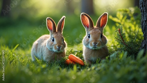 Fototapeta Naklejka Na Ścianę i Meble -  Green grass wild berries pine tree small rabbit