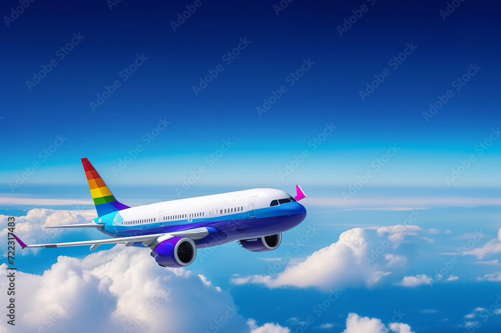Obraz premium Airplane lgbtq colored is flying over the beautiful clouds. Landscape with passenger airplane in blue sky. aircraft. Business travel. Commercial plane. Aerial view. Place for text banner. Copy space