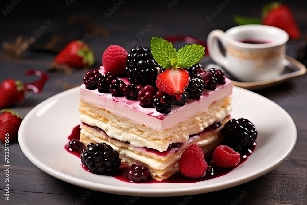 Close up delicious pavlova brownie cake meringue with red berries on top on a dark background Close up delicious pavlova brownie cake meringue with red berries on top on a dark background