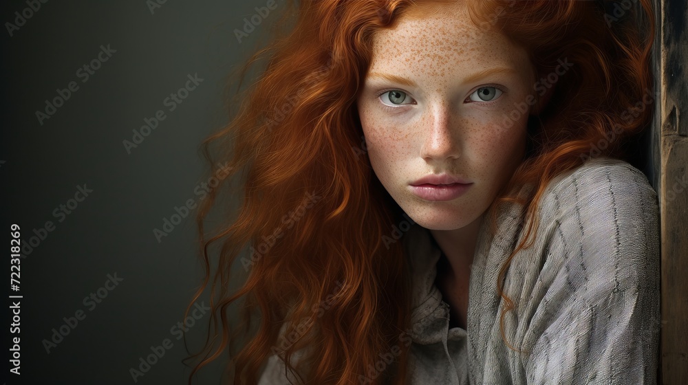 Portrait of a beautiful young blonde woman with blue eyes and freckles, wearing natural makeup