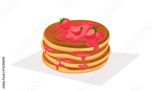 Vector illustration of a stack of pancakes with strawberry jam, syrup and strawberry pieces. Concept for breakfast, food, dessert, baking.