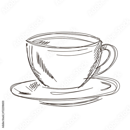 Vector illustration of a cup of tea, coffee, drawn with black lines on a white background. Sketch of cups. Hand cup. Kitchenware. Equipment for preparing aromatic drinks.