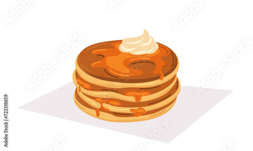 Vector illustration of a stack of pancakes with maple syrup and whipped cream. Concept for breakfast, food, dessert, baking.