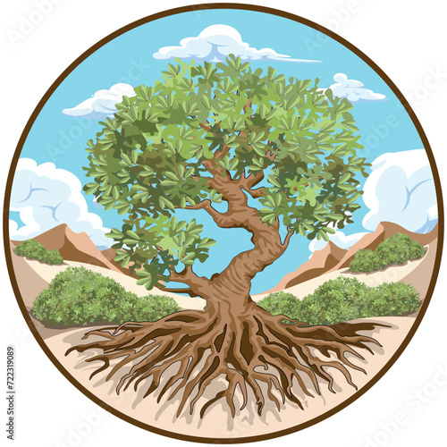 Olive Tree in Soft Sunny Hills Nature and Mountains Vector Round Logo isolated on white (ID: 722319089)