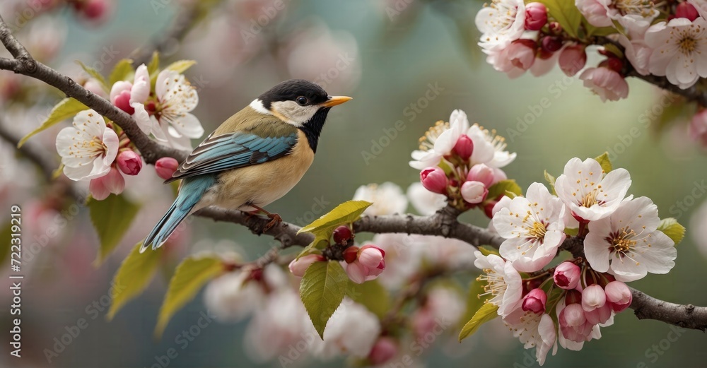 Blossom watch Tiny bird on cherry tree branch during springtime Blossom watch Tiny bird on cherry tree branch during springtime