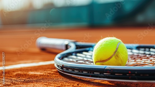 tennis ball and tennis racket on tennis court