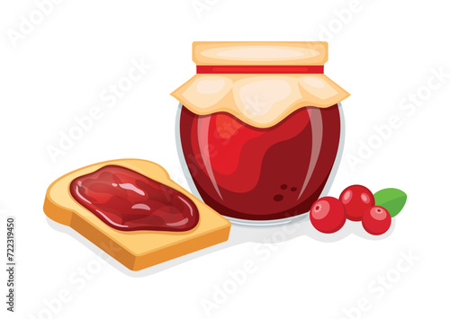 Toasted bread with cranberry jam vector illustration. Toast and cranberry jam breakfast still life vector. Jam jar with cranberries berry fruit and slice of bread icon isolated on a white background