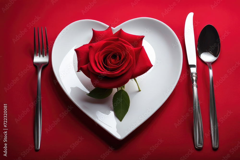 Heart shaped plate with a red rose for Valentine's day Heart shaped plate with a red rose for Valentine's day