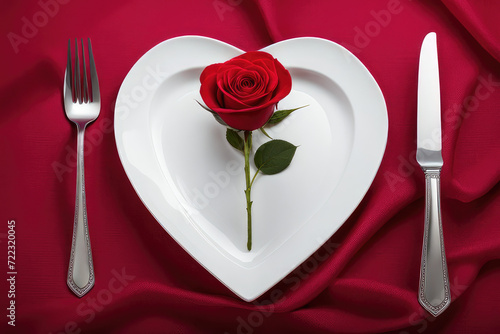 Heart shaped plate with a red rose for Valentine's day