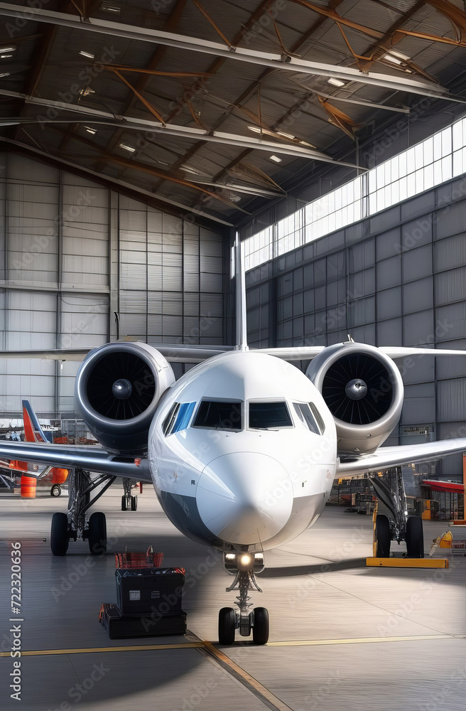 Passenger airplane on maintenance of engine and fuselage check repair in airport hangar. Inside aerospace hangar. Large passenger aircraft on service in an aviation hangar Passenger airplane on maintenance of engine and fuselage check repair in airport hangar. Inside aerospace hangar. Large passenger aircraft on service in an aviation hangar