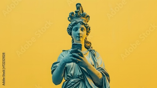 Statue with Smartphone on Yellow