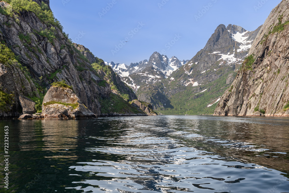 Fototapeta premium Jagged cliffs and snow-laden mountain peaks rise above Trollfjorden's dark waters, as a bird soars under the expansive Norwegian sky