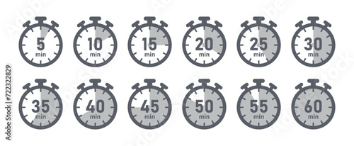 5-minute time counter concept set of clocks or stopwatches vector image in grey color. Cooking time symbols and labels - Vector Icon