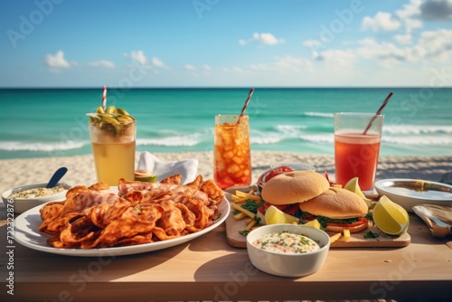 American fast food on the background of the beach. Food photography. American cuisine concept