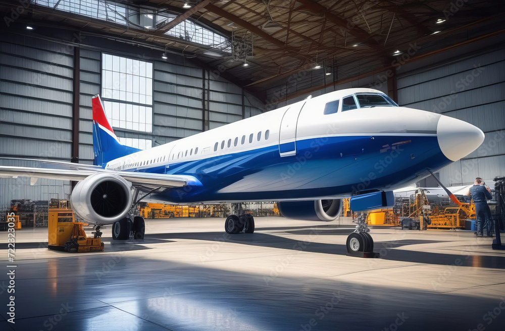 Passenger airplane on maintenance of engine and fuselage check repair in airport hangar. Inside aerospace hangar. Large passenger aircraft on service in an aviation hangar Passenger airplane on maintenance of engine and fuselage check repair in airport hangar. Inside aerospace hangar. Large passenger aircraft on service in an aviation hangar