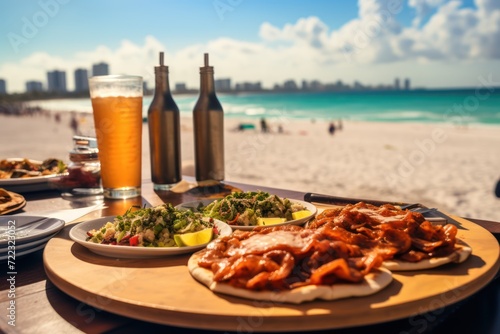 American fast food on the background of the beach. Food photography. American cuisine concept