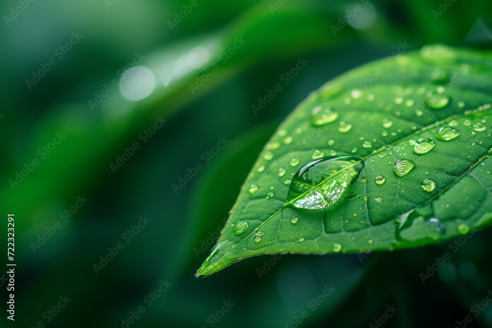 Capturing the beauty of nature's refreshment, a dew-covered leaf glistens in the rain with intricate droplets reflecting the lush green surroundings Capturing the beauty of nature's refreshment, a dew-covered leaf glistens in the rain with intricate droplets reflecting the lush green surroundings