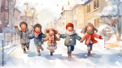 Drawing of happy children, boys, and girls, in warm winter clothes, enjoying a snowy day filled with holiday cheer. © ProPhotos