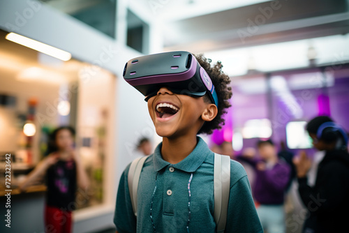 Educations, lifestyle, technology, science and hobbies concept. Happy young school boy in technology class wearing or using VR glasses