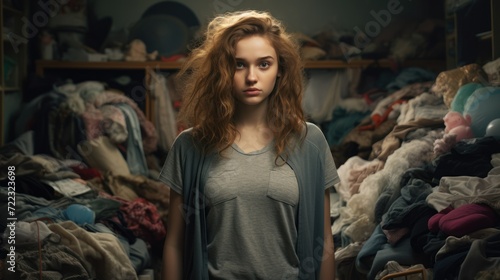 A messy room sets the stage for a sad-looking woman, creating a poignant image that demands attention and cleaning.