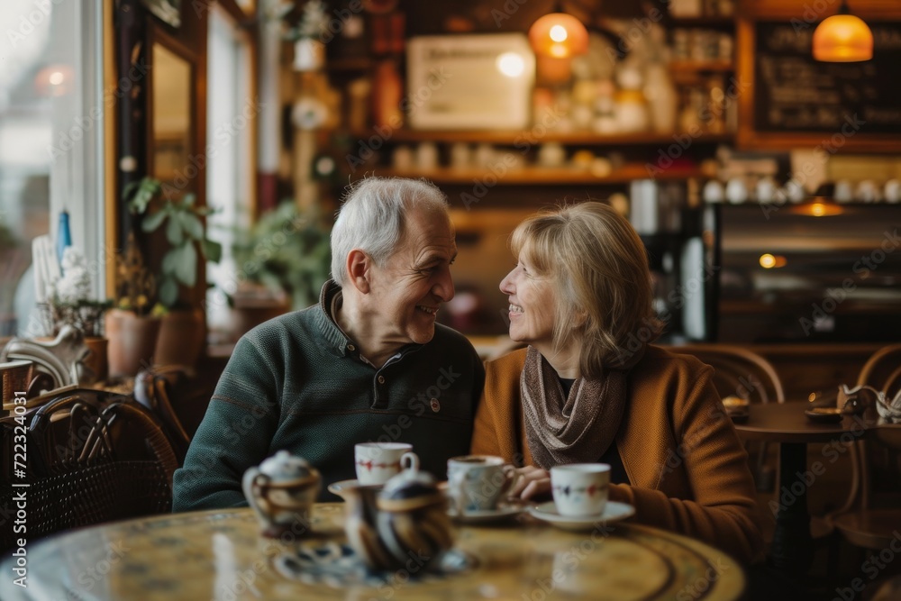 A couple shares a quiet moment over coffee in a cozy restaurant, their faces lit by the warm glow of glasses and saucers on the table